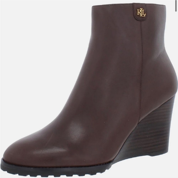 Ralph Lauren Shaley wedge booties espresso brown leather - Picture 1 of 8